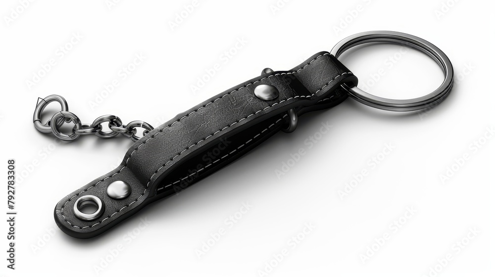A leather keychain holder with metal ring and chain. Modern realistic template of a black fob isolated on white. Blank accessory for company branding. A leather keychain holder with metal ring and chain. Modern realistic template of a black fob isolated on white. Blank accessory for company branding.