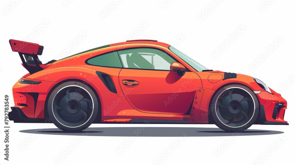 Modern illustration of a sports car with a red spoiler on a white background. Racing car with an aerodynamic design and wheel drive coupe engine. Painting of a sports car with a red spoiler isolated