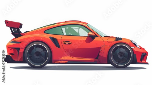 Modern illustration of a sports car with a red spoiler on a white background. Racing car with an aerodynamic design and wheel drive coupe engine. Painting of a sports car with a red spoiler isolated