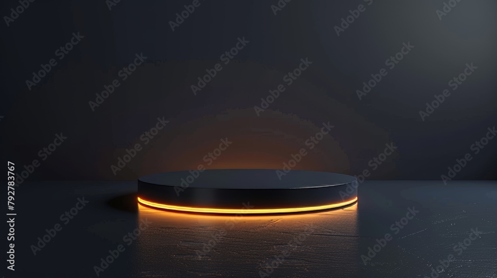 This modern mockup shows an empty round stand for displaying awards or winners, a presentation platform in a dark showroom with an illuminated metal pedestal. - obrazy, fototapety, plakaty 