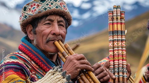 An old man wearing a traditional peruvian outfit is playing the pan flute in the mountains photo