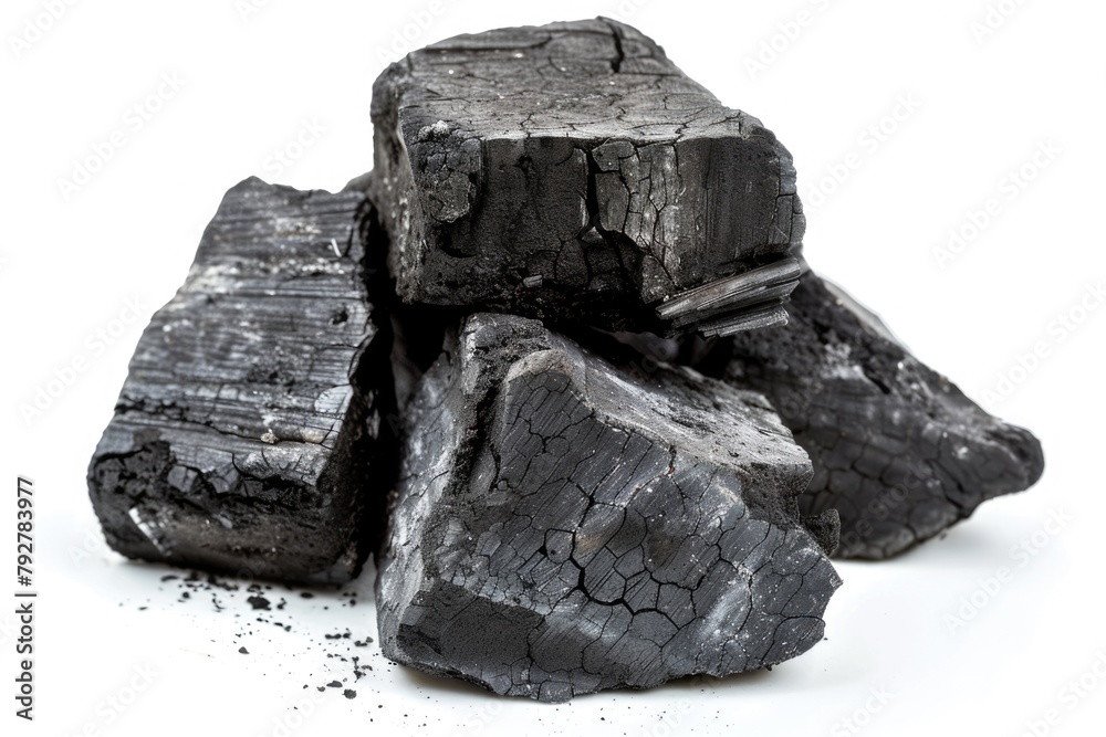 BBQ Charcoal Briquettes Isolated on White Background for Fueling Your Barbeque. Full Depth of Field Portraying Black and Dark Charcoal Bunch BBQ Charcoal Briquettes Isolated on White Background for Fueling Your Barbeque. Full Depth of Field Portraying Black and Dark Charcoal Bunch
