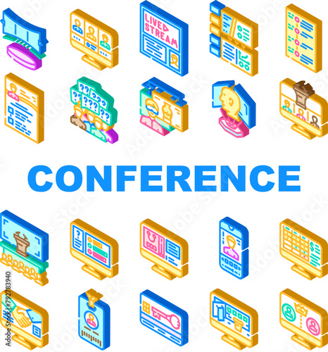 virtual conference event online icons set vector. quarantine digital, corporate technology, caller stage, video concert, live, meeting virtual conference event online isometric sign illustrations