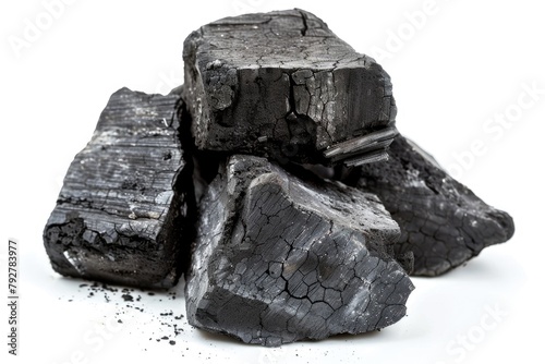 BBQ Charcoal Briquettes Isolated on White Background for Fueling Your Barbeque. Full Depth of Field Portraying Black and Dark Charcoal Bunch photo
