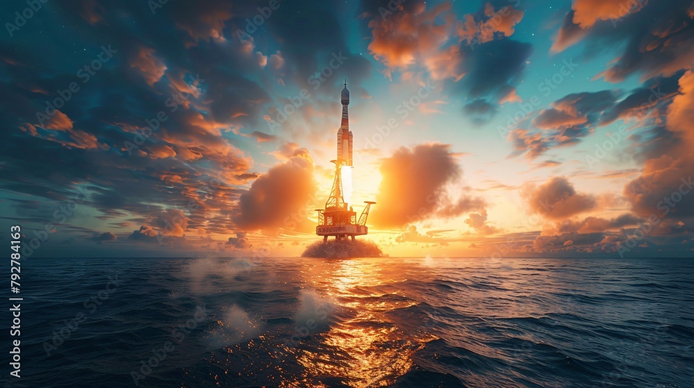 Illustration of a futuristic rocket launch from an oceanic rig blazing into the dusk sky symbolizing innovation - obrazy, fototapety, plakaty 