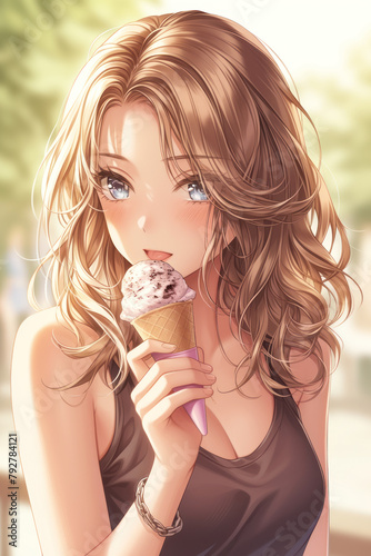 Girl with big eyes eats ice cream, anime style. Vertical orientation.