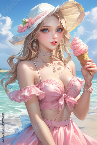 Blonde girl with big eyes in a hat eats ice cream, anime style. Vertical orientation.