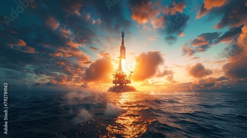 Illustration of a futuristic rocket launch from an oceanic rig blazing into the dusk sky symbolizing innovation