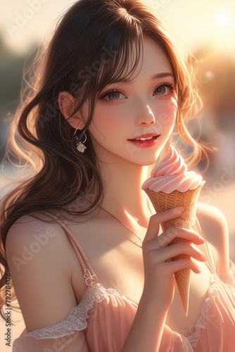 Asian girl with big eyes eats ice cream, anime style. Vertical orientation.