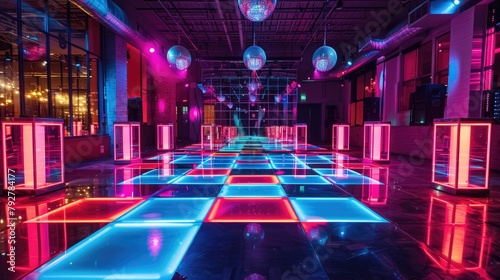 Disco dance floor with colorful lights photo