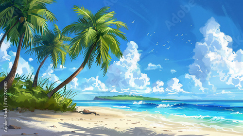 Tropical beach with palm trees under blue sky .. © khan