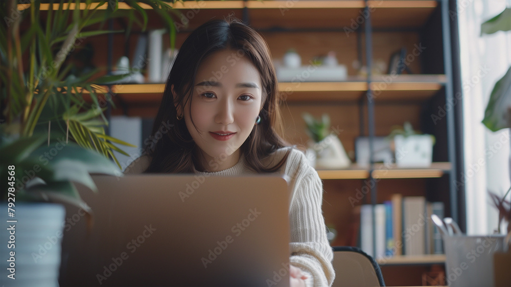 リビングでテレワーク中の女性 リビングでテレワーク中の女性