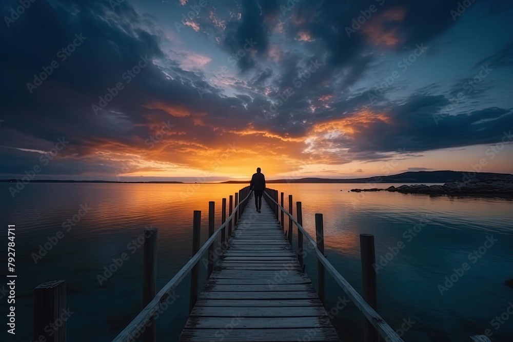 Epic Sunset Photo of Person Walking on Dock
