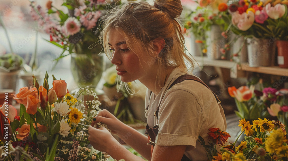 A young woman is working in a flower shop. She is wearing a white shirt and brown apron. She is carefully arranging flowers in a vase. She has her hair in a bun and is wearing a thoughtful expression.