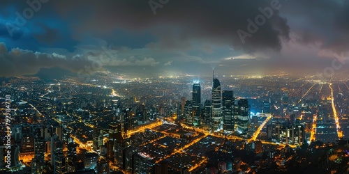 City Skyline - Night Panoramic View of Downtown Buildings and Urban Architecture in Capital City Landscape