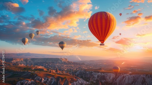 Hot air balloons flying over Cappadocia  Turkey.