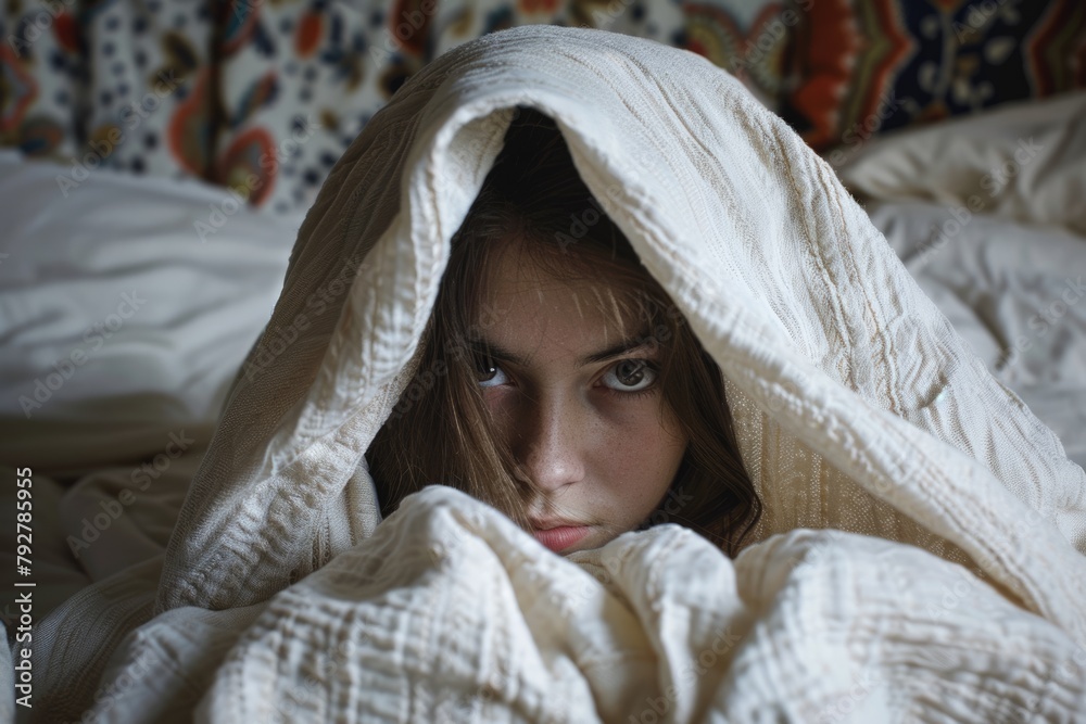 Cozy Lifestyle: Beautiful Woman Hiding Under Blanket in Charming Bedroom Cozy Lifestyle: Beautiful Woman Hiding Under Blanket in Charming Bedroom