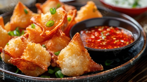 Crispy Chinese Crab Rangoon Fried Wontons with Creamy Cheese on Deep Plate, Served with Red Sauce photo