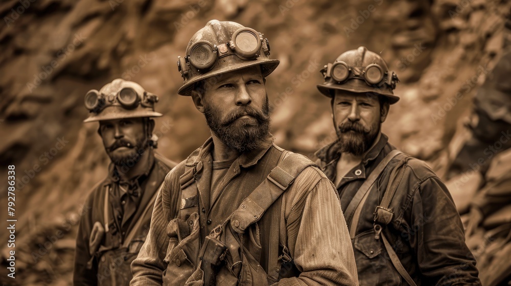 Three bearded men wearing mining helmets pose for a photo.