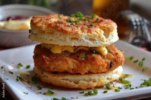 Delicious and Appetising Chicken Biscuit on a Flaky Buttermilk Biscuit. Perfect for Breakfast, Brunch, or Dinner