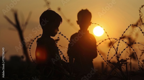 Two boys stand in front of a barbed wire fence at sunset.