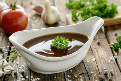 Delicious Gravy Boat with Rich Brown Sauce. Perfect Dinnerware for Cooking and Serving Sauce with a Vegetarian Ingredient Twist photo