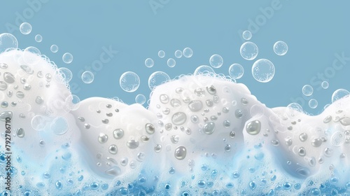 Sea wave  laundry detergent spume  realistic 3d modern illustration of white soap froth texture with bubbles  seamless border  foamy frame. Sea or ocean wave  laundry cleaning detergent spume 