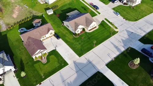 aerial flyover of a suburban neighborhood in the countryside (Wisconsin) photo