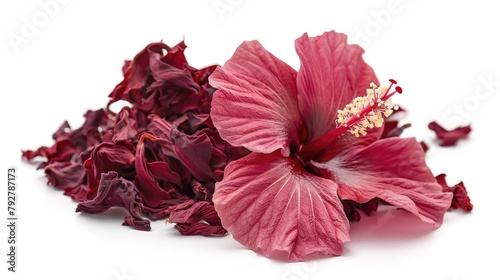 Dried Hibiscus Flowers - Organic Herbal Tea Ingredient in Red and White Isolated Backgrounds