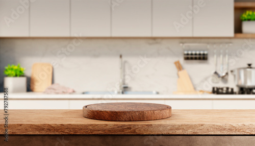 Kitchen counter with empty wooden board and blur modern kitchen interior background. Food and drink product podium stand tabletop. © hitdelight