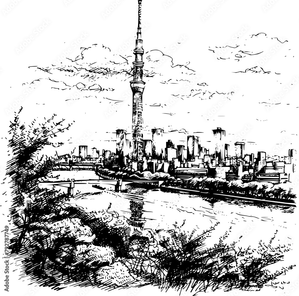City Sketch of Tokyo Illustration, Sketched Tokyo Skyline City Sketch of Tokyo Illustration, Sketched Tokyo Skyline