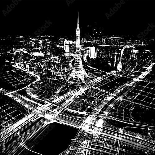Tokyo Wireframe Map, Aerial View Map of Tokyo