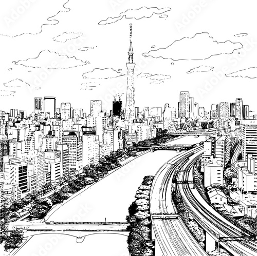 Tokyo Minimal Illustration, Minimal Lines Drawing of Tokyo City