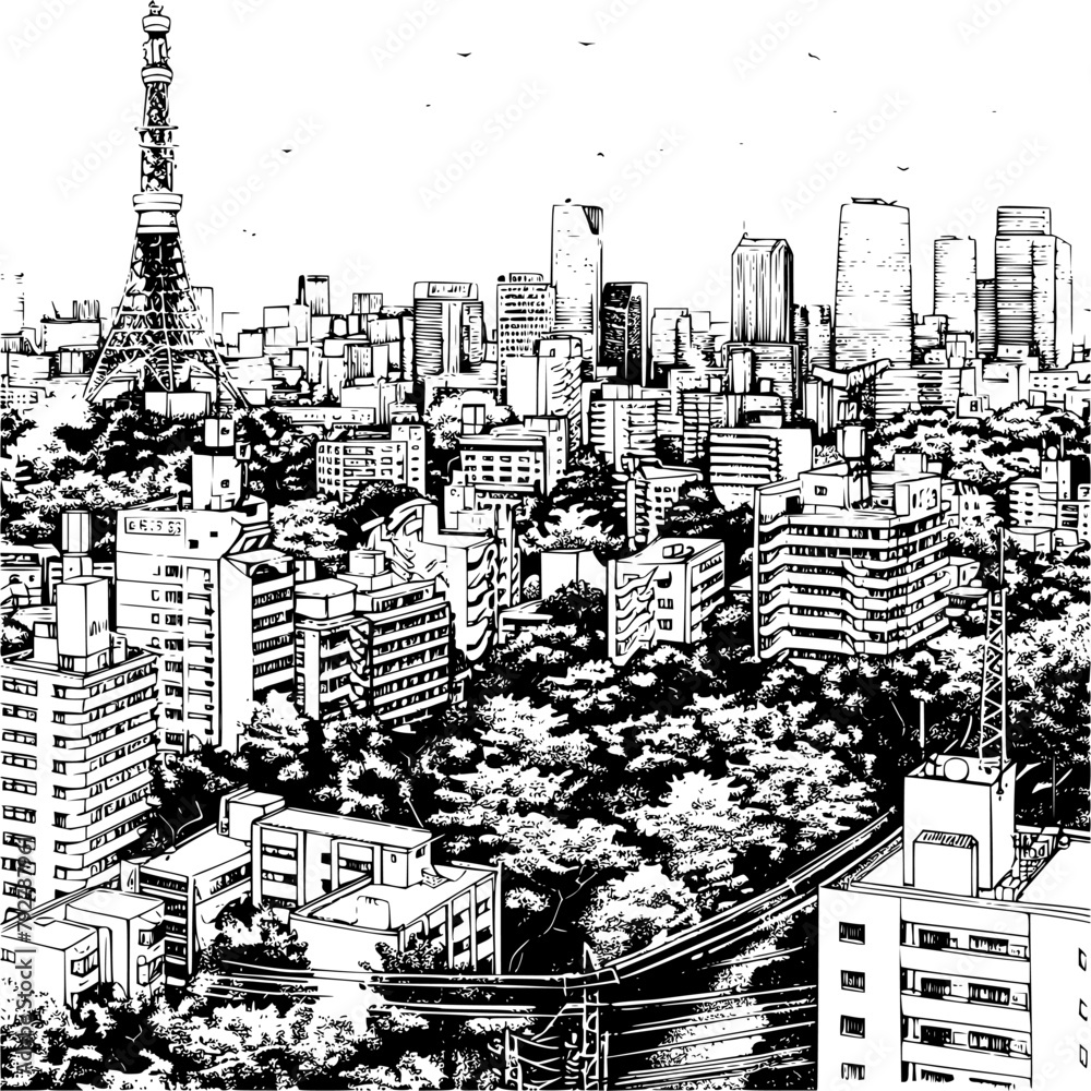 Urban Tokyo City Skylines Line Art with Greenery, Tokyo Illustration Sketch