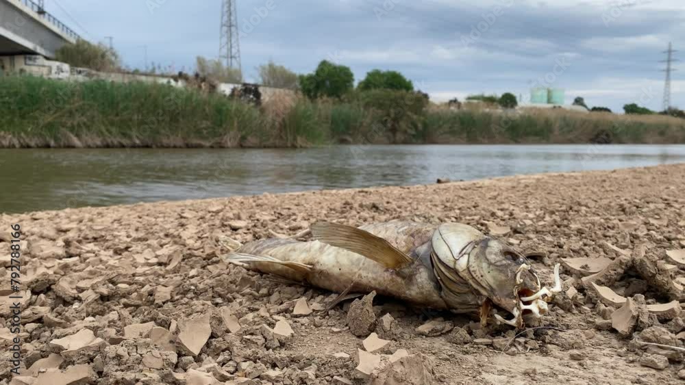 Dead fish in front of the river. Concept of pollution, ecological ...