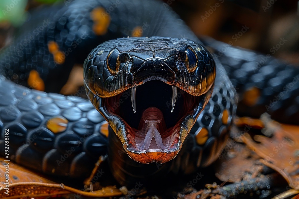 Black Mamba: Slithering across the ground with mouth open, showcasing its deadly reputation. Black Mamba: Slithering across the ground with mouth open, showcasing its deadly reputation.