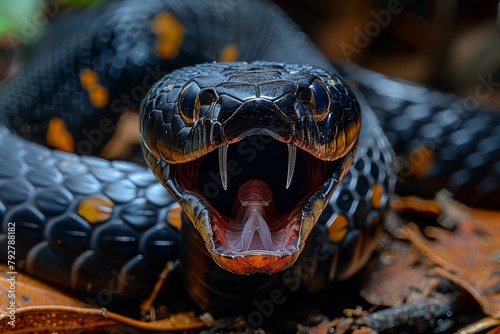 Black Mamba: Slithering across the ground with mouth open, showcasing its deadly reputation.