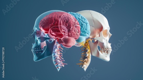 Bones of the skull, the bones of the cranium. The individual bones and their salient features in different colors. The names of the cranial bones. Lateral view. photo