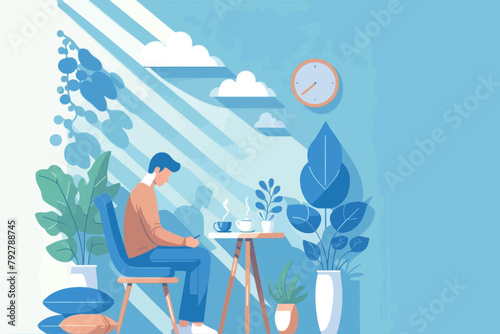 illustration of a young man who is alone drinking coffee