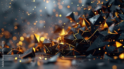 Abstract geometric background. Explosion Power Design with crushing surface, 3D triangles and golden light photo