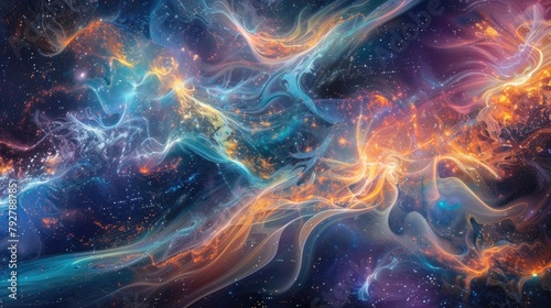 An abstract representation of cosmic energy, with vibrant patterns and luminous waves intertwining to form a celestial tapestry of unparalleled beauty. photo