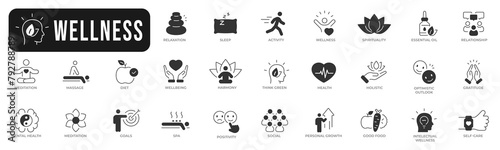Wellness, wellbeing, mental health, healthcare. Set of solid line icons