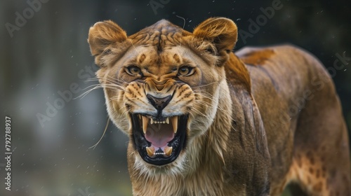 A majestic lioness snarling ferociously, her gaze fixed with anger, with the background blurred to emphasize her dominance