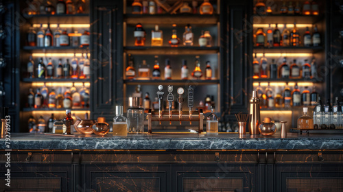 Marble bar counter with copper utensils and shelves with numerous bottles