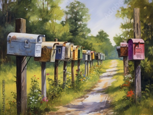 A row of mailboxes along a rural road.