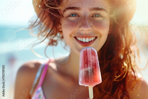 Close-up portrait of beautiful young woman with ice cream on the beach, Ai Generated photo
