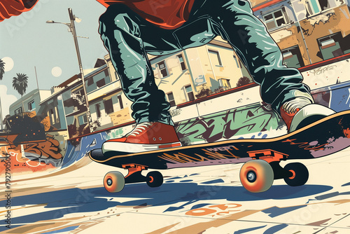 Cartoon Style Drawing of a Person Skateboarding – Retro Skateboard Artwork and Epic Skateboarding Scene photo