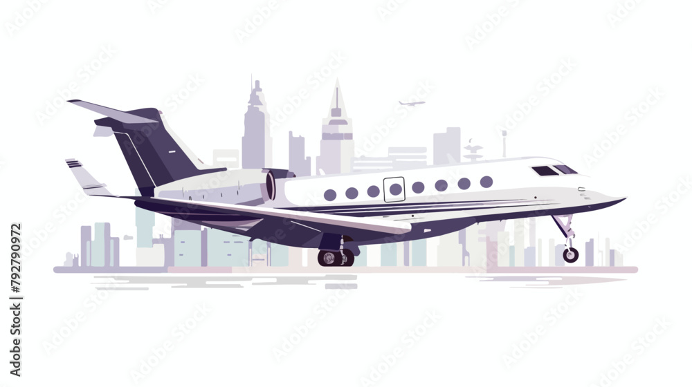 Business jet over the city. Side view. Vector flat 