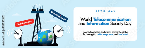 World Telecommunication and information society day 2024. World telecommunication day celebration cover banner, post with telecom tower, satellites, earth globe. Digital Innovation for Development.
