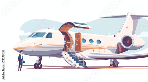 Business jet with an open passenger door and a ramp